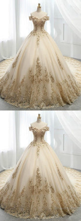 Champagne Ball Gown Tulle Gold Lace Appliques Wedding Dress